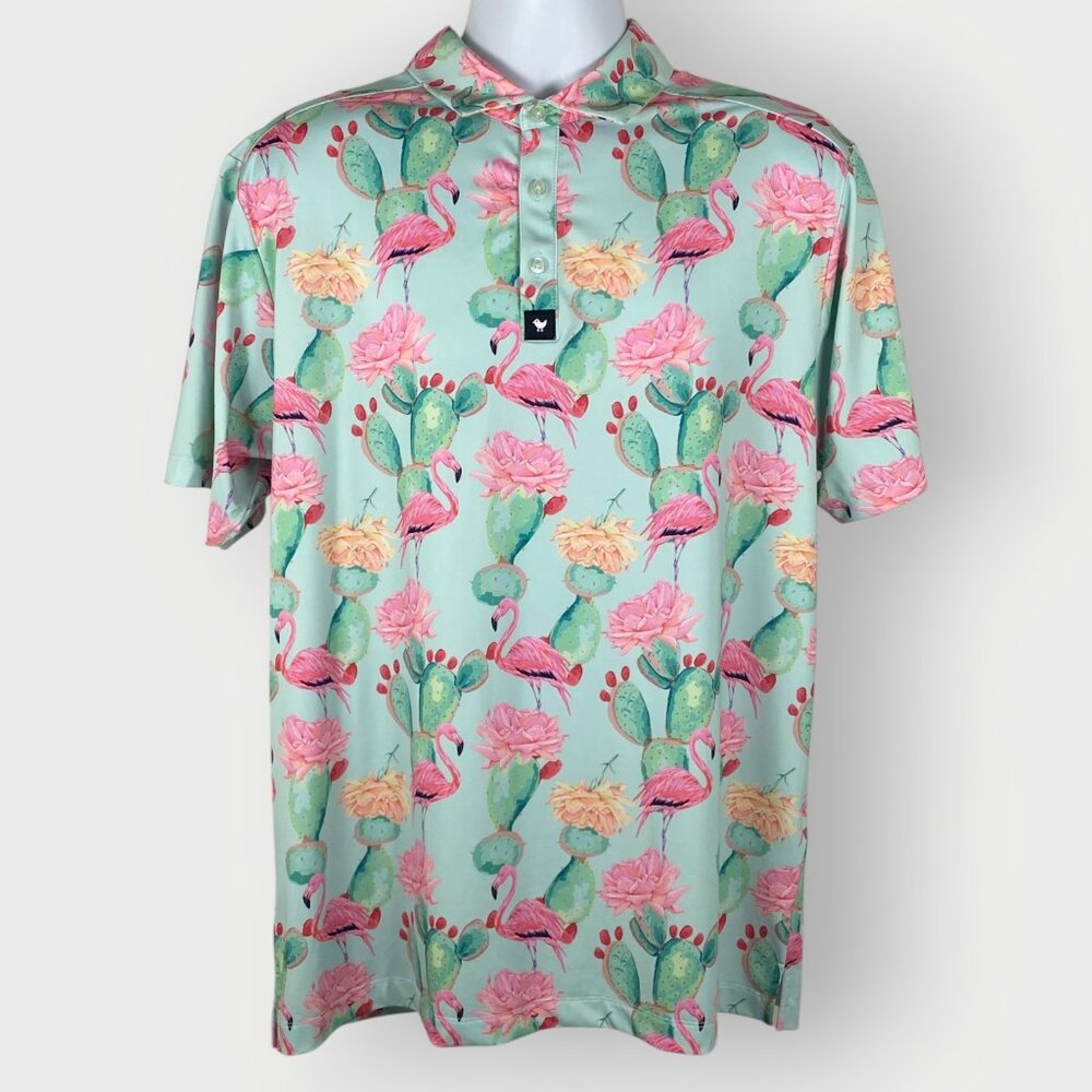 Bad Birdie Desert Party Polo Shirt | XL | Cactus Flamingo | Golf Performance